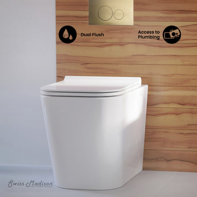 Concorde Back-to-Wall Toilet Bundle 0.8/1.6 GPF Dual Flush in Glossy White with Brass Flush Plate