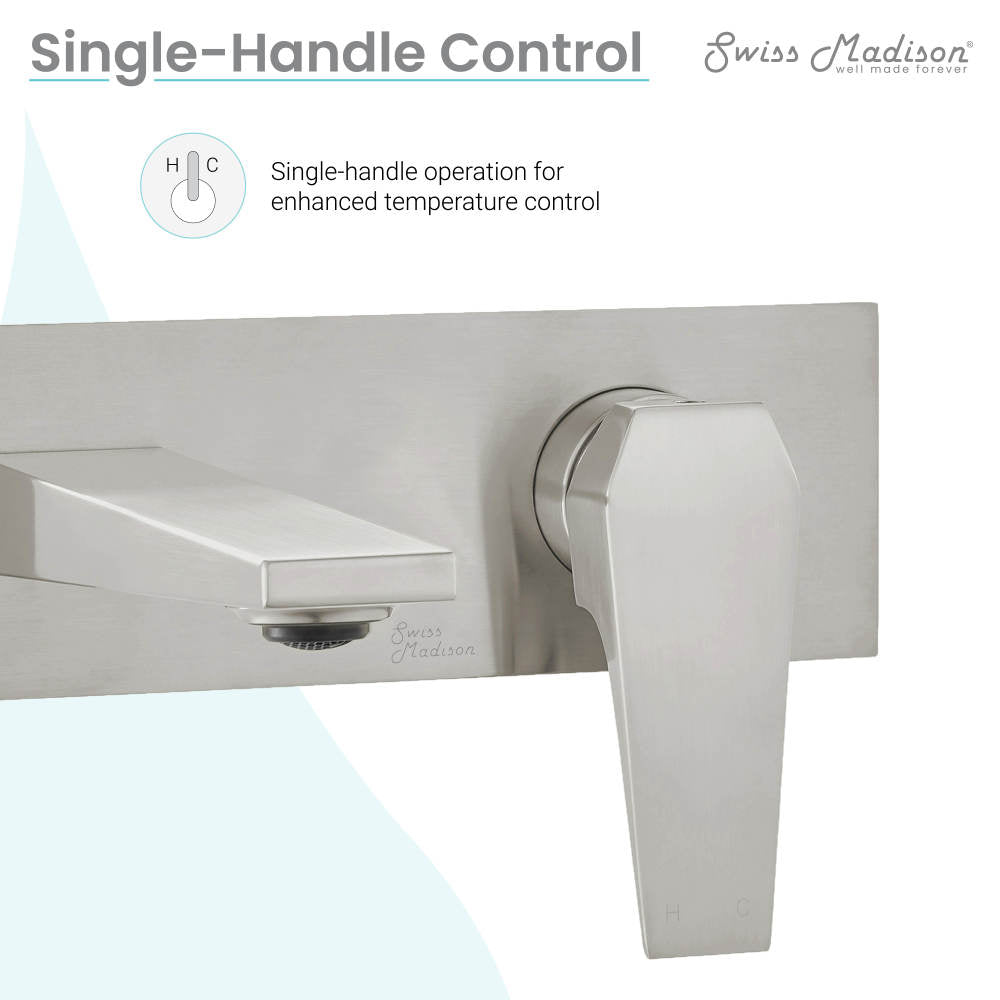 Single-handle wall-mount bathroom faucet in brushed nickel with sleek angular design.