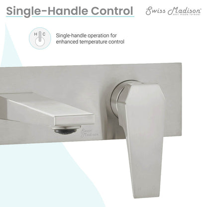 Single-handle wall-mount bathroom faucet in brushed nickel with sleek angular design.