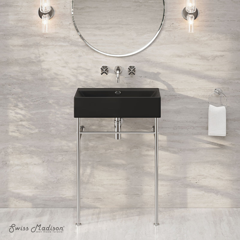 Claire 24" Rectangle Matte Black Zero Hole Console Sink with Polished Chrome Legs