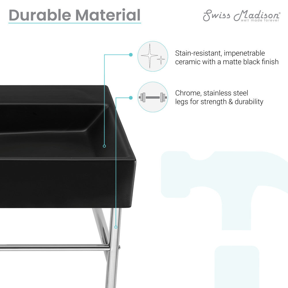 Matte black ceramic console sink with chrome legs, rectangular basin, modern bathroom fixture.