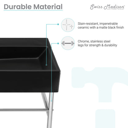 Matte black ceramic console sink with chrome legs, rectangular basin, modern bathroom fixture.