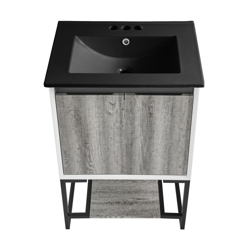 Marseille 24 in. Gray Oak Bathroom Vanity With Black, 3-Hole Ceramic Sink Top