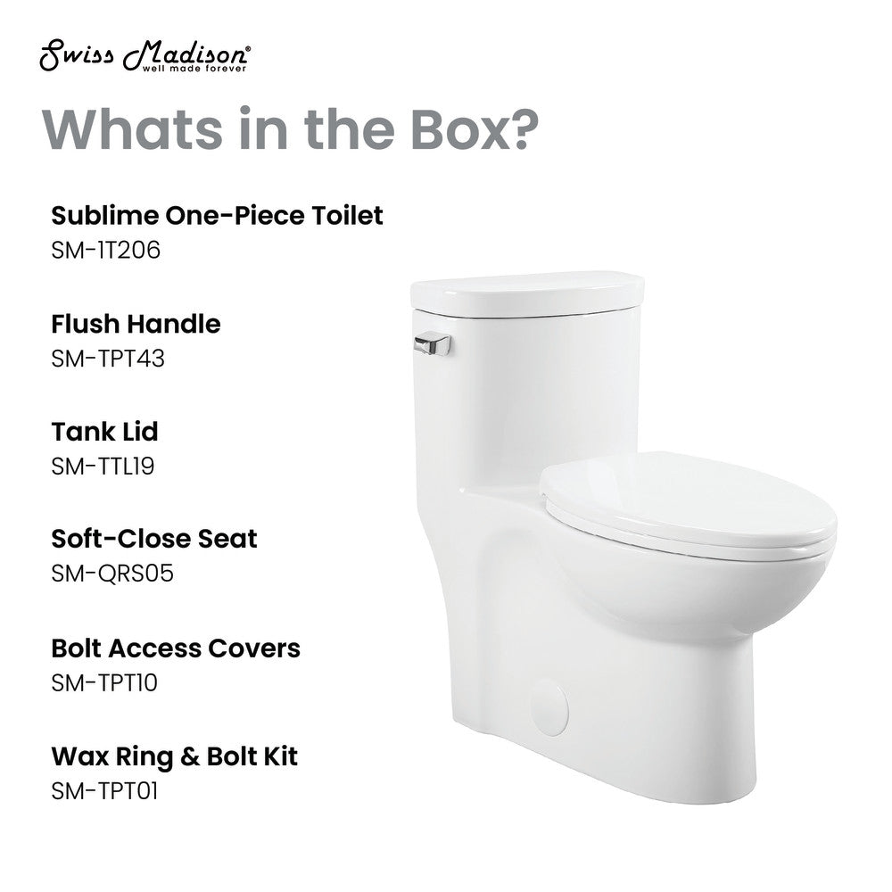 Elongated one-piece toilet with left side flush handle and soft-close seat, white finish.