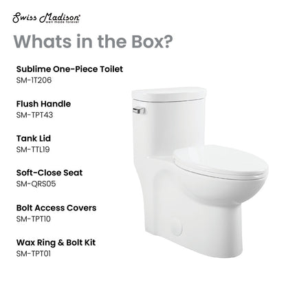 Elongated one-piece toilet with left side flush handle and soft-close seat, white finish.