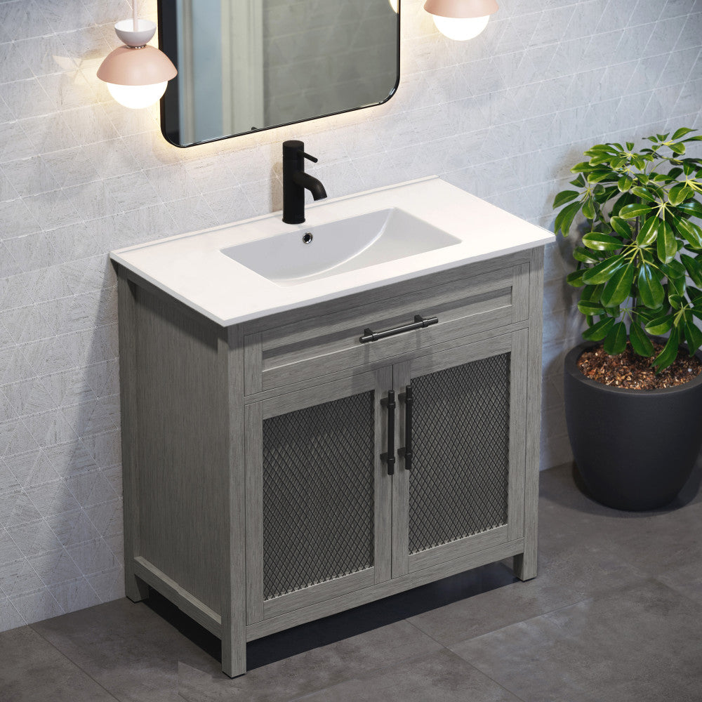 36-inch freestanding bathroom vanity in carbon gray with single integrated sink and black hardware.
