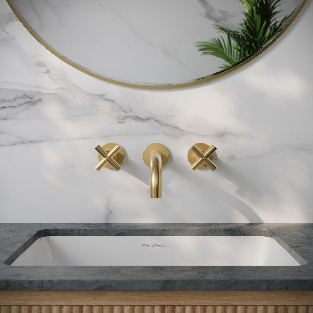 Ivy 8 in. Widespread Double Cross-Handle Wall Mount Bathroom Faucet in Brushed Gold