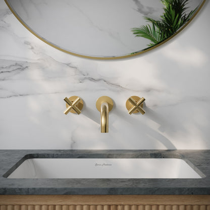 Ivy 8 in. Widespread Double Cross-Handle Wall Mount Bathroom Faucet in Brushed Gold