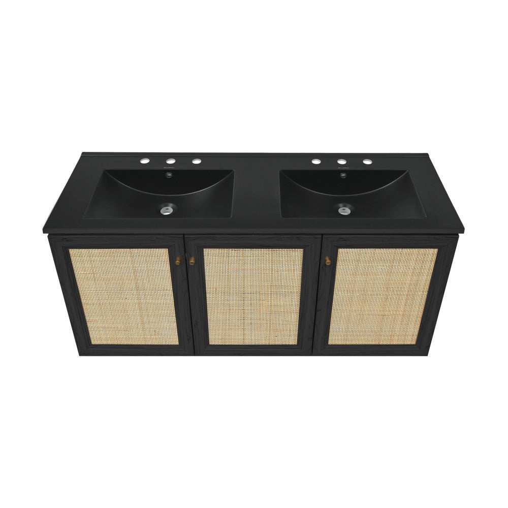 Classe 48" Wall-Mounted Bathroom Vanity in Black Oak with Black 3-Hole Widespread Double Basin Sink Top