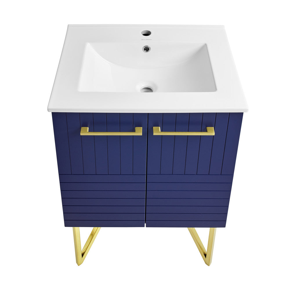 24-inch freestanding bathroom vanity in granger blue with sink top and soft-close doors.