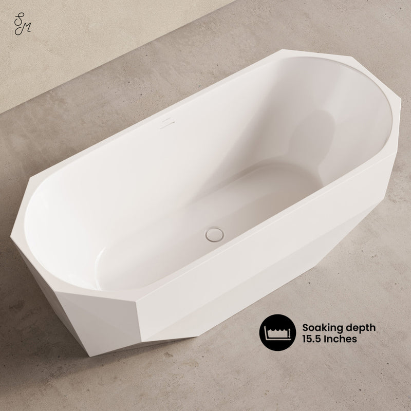 Brusque 67" Diamond Shaped Soaking Freestanding Bathtub in Glossy White, Drain Included