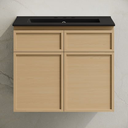St. Tropez 24" Wall-Mounted Bathroom Vanity in Natural Oak with Black 3-Hole Widespread Sink Top
