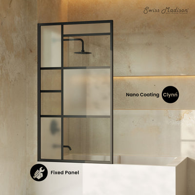 Leiden 34 x 58 Framed Fixed 3/8 in. (10mm) Frosted Tempered Glass Tub Door with Black Matte Frame