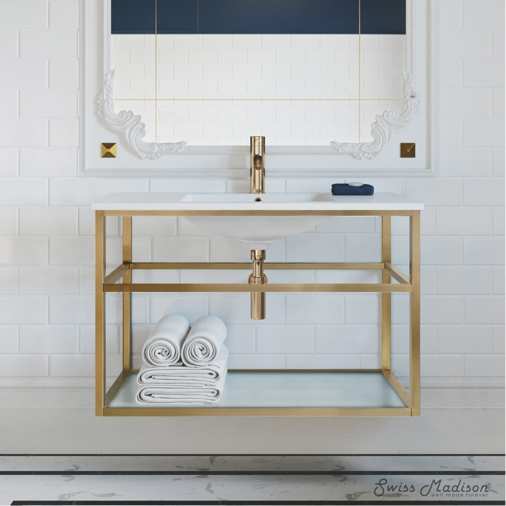Pierre 36" Open Shelf Gold Frame Wall-Mounted Bathroom Vanity with Sink Top