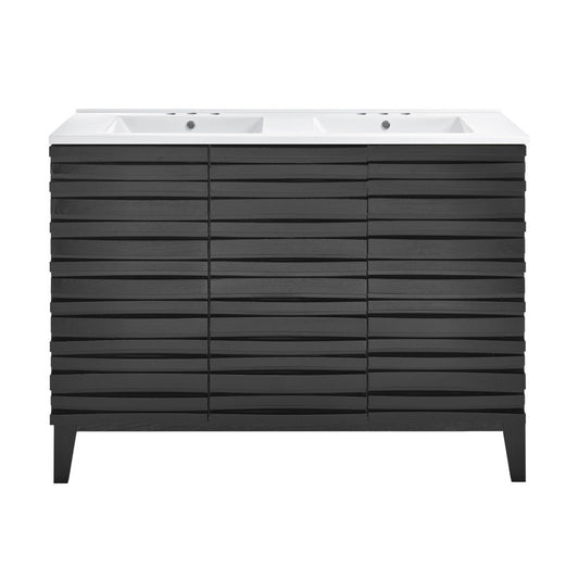 Cascade 48 in. Black Oak, Double Basin Bathroom Vanity With White, 3-Hole Centerset Ceramic Sink Top