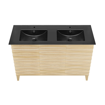 Cascade 48 in. Natural Oak, Double Basin Bathroom Vanity With Black Ceramic Sink Top