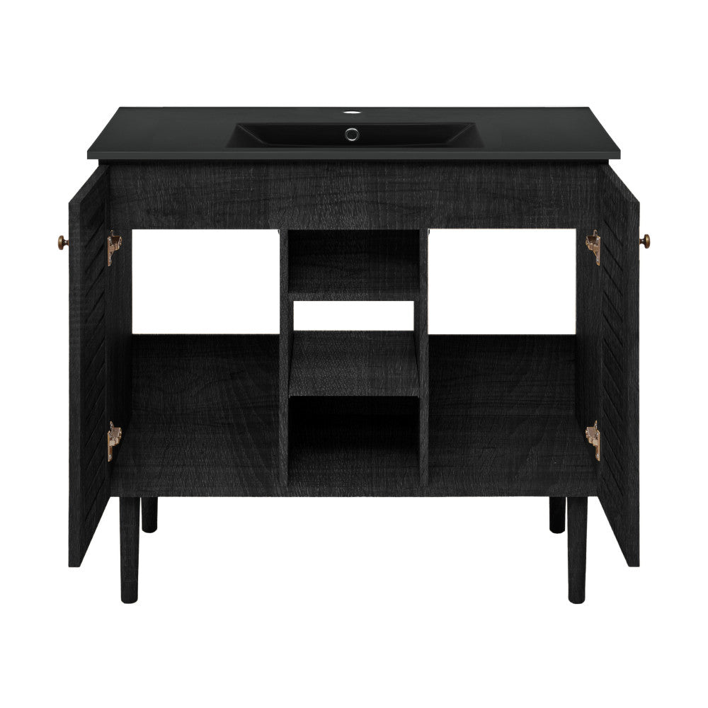 Bron 36" Freestanding Bathroom Vanity in Black Oak with Black Sink Top