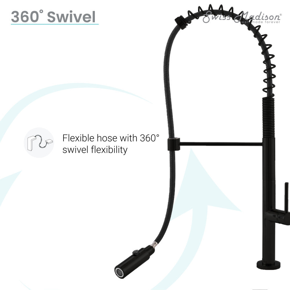 Pull-down kitchen faucet in matte black, single handle, flexible hose with 360° swivel.