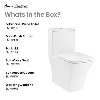 Elongated one-piece toilet in white with dual-flush button and soft-close seat.