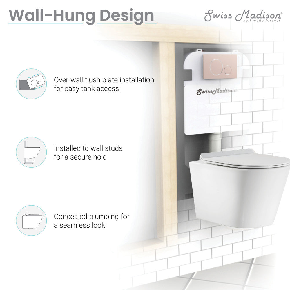 Elongated wall-hung toilet in glossy white, dual flush with over-wall flush plate, concealed plumbing.