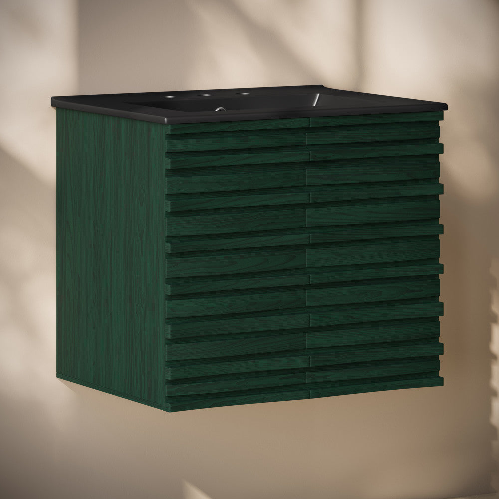 Cascade 24" Wall-Mounted Bathroom Vanity in Green Oak with Black 3-Hole Widespread Sink Top