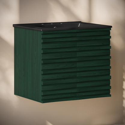 Cascade 24" Wall-Mounted Bathroom Vanity in Green Oak with Black 3-Hole Widespread Sink Top