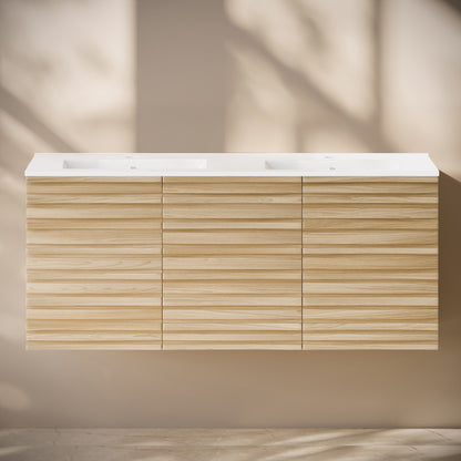 Cascade 48" Wall-Mounted Bathroom Vanity in Natural Oak with Double Basin Sink Top