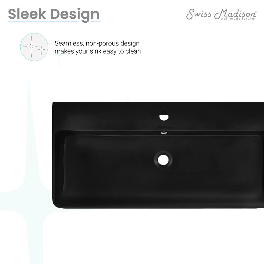36-inch rectangle wall-mount bathroom sink in matte black with seamless non-porous design.