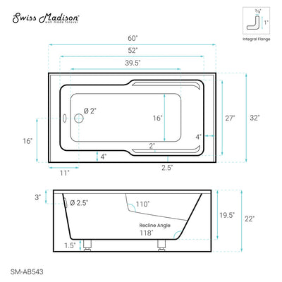 Voltaire 60" x 32" Left-Hand Drain Alcove Bathtub with Apron and Armrest