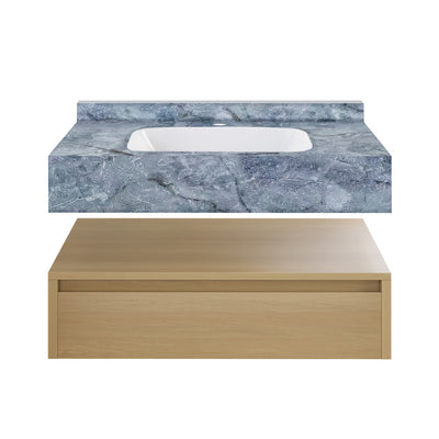 Avancer 36" Wall-Mounted Bathroom Vanity in Natural Oak with Blue Celeste Sink Top