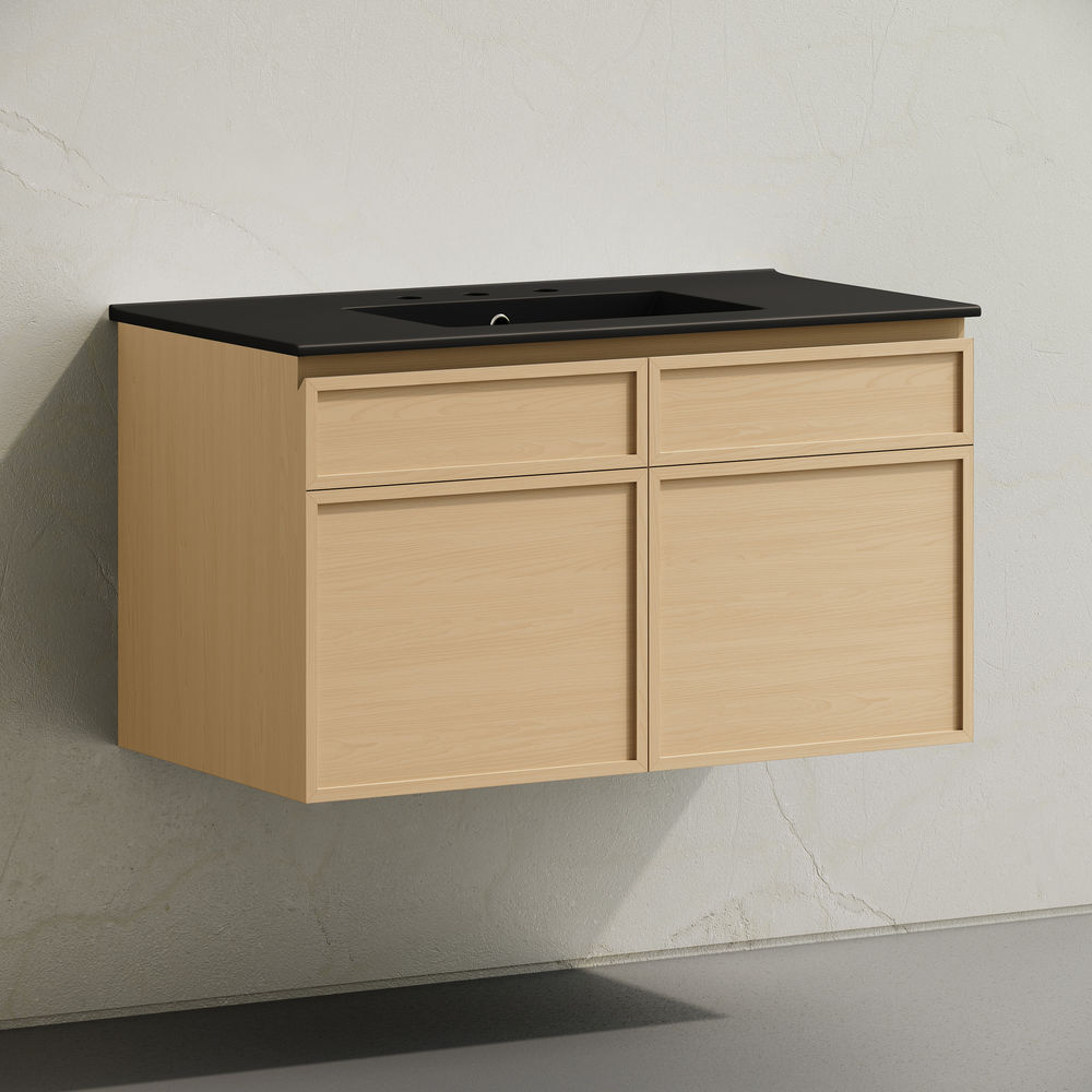 St. Tropez 36" Wall-Mounted Bathroom Vanity in Natural Oak with Black 3-Hole Widespread Sink Top