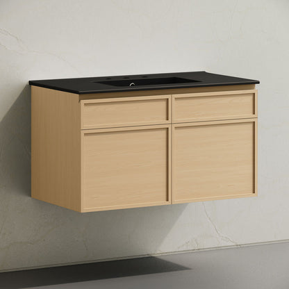St. Tropez 36" Wall-Mounted Bathroom Vanity in Natural Oak with Black 3-Hole Widespread Sink Top