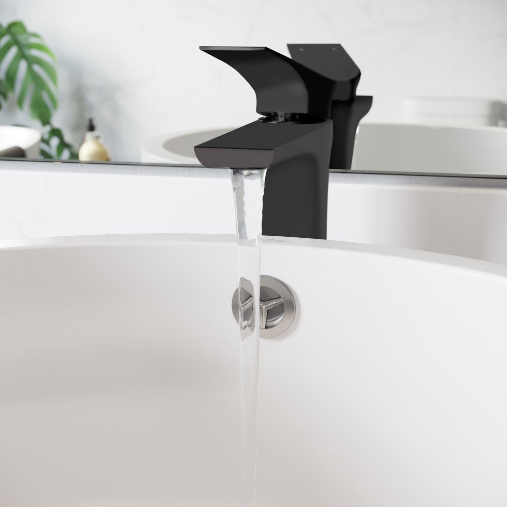 Single-handle high arc bathroom faucet in matte black, single hole installation.
