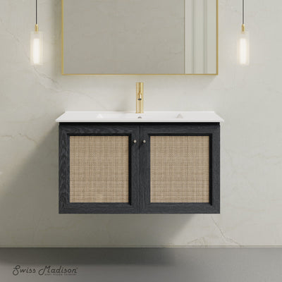 Classe 36" Wall-Mounted Bathroom Vanity in Black Oak with Single Faucet Hole Vanity Top