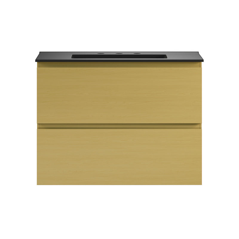 Liberte 30" Wall-Mounted Bathroom Vanity in Natural Oak with Black 3-Hole Widespread Sink Top