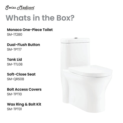 Elongated one-piece toilet with dual flush, 10" rough-in, soft-close seat, white ceramic finish.