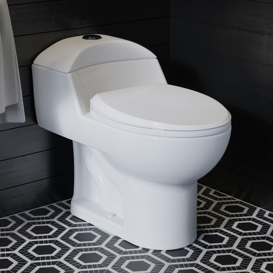 Elongated one-piece toilet with dual flush, white ceramic, black hardware, modern design.