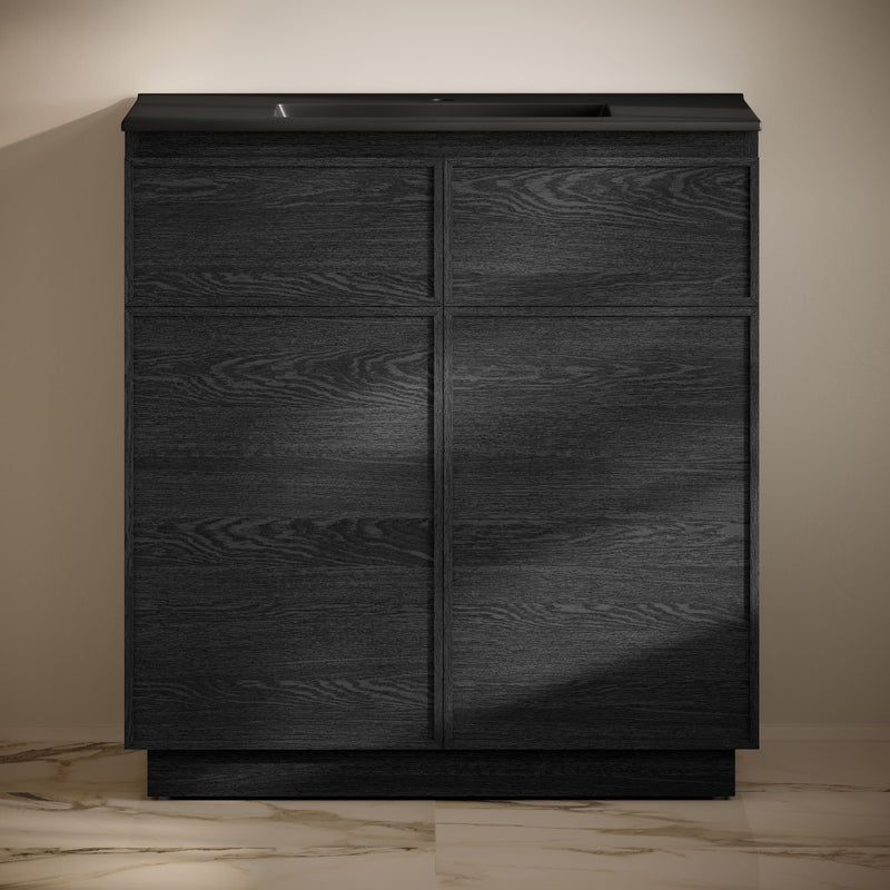 St. Tropez 36" Freestanding Bathroom Vanity in Black Oak with Black Sink Top