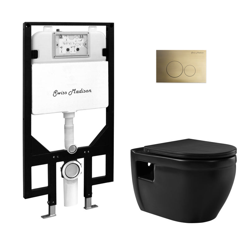 Ivy Wall-Hung Toilet Bundle 0.8/1.6 GPF Dual Flush in Matte Black with Brass Flush Plate