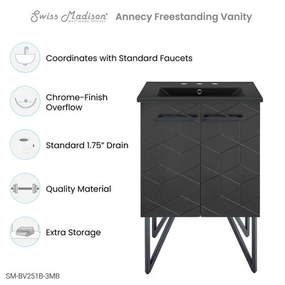 Annecy 24 in. Phantom Black Bathroom Vanity With Black, 3-Hole Ceramic Sink Top