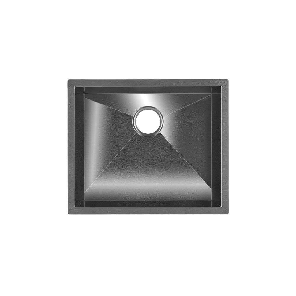 21 x 18 black stainless steel undermount kitchen sink, single basin, modern square design.