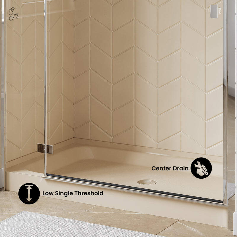 Voltaire 60" x 36" Single-Threshold, Center Drain, Shower Base in Biscuit