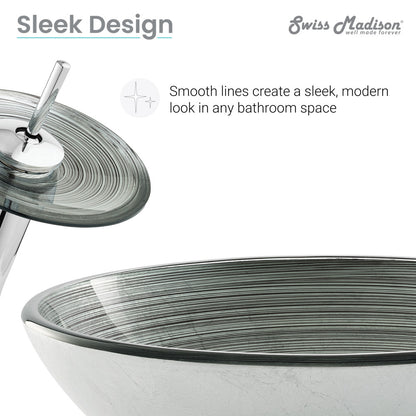 16.5-inch smoky gray glass vessel sink with matching single-handle faucet, modern sleek design.