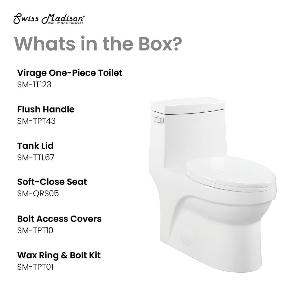 Elongated one-piece toilet with left side flush handle, compact design, and soft-close seat.