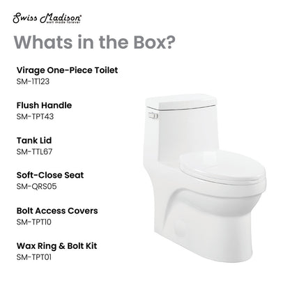 Elongated one-piece toilet with left side flush handle, compact design, and soft-close seat.