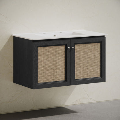 Classe 36" Wall-Mounted Bathroom Vanity in Black Oak with Widespread Faucet Holes Vanity Top