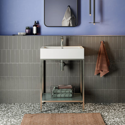 24-inch freestanding bathroom vanity with open chrome metal frame shelf, white rectangular basin, minimalist design.