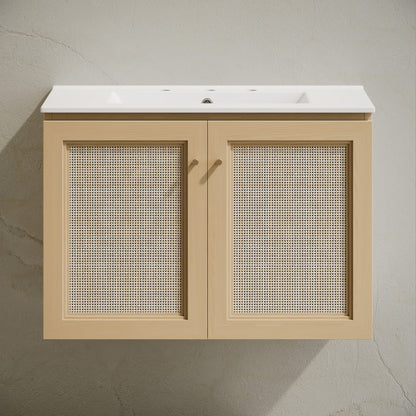 Classe 30" Wall-Mounted Bathroom Vanity in Natural Oak with Widespread Faucet Holes Vanity Top
