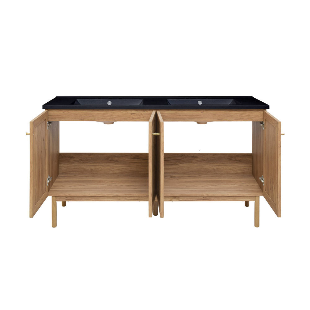 Classe 60" Freestanding Bathroom Vanity in Golden Oak with Black 3-Hole Widespread Double Basin Sink Top