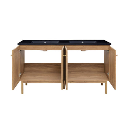 Classe 60" Freestanding Bathroom Vanity in Golden Oak with Black 3-Hole Widespread Double Basin Sink Top